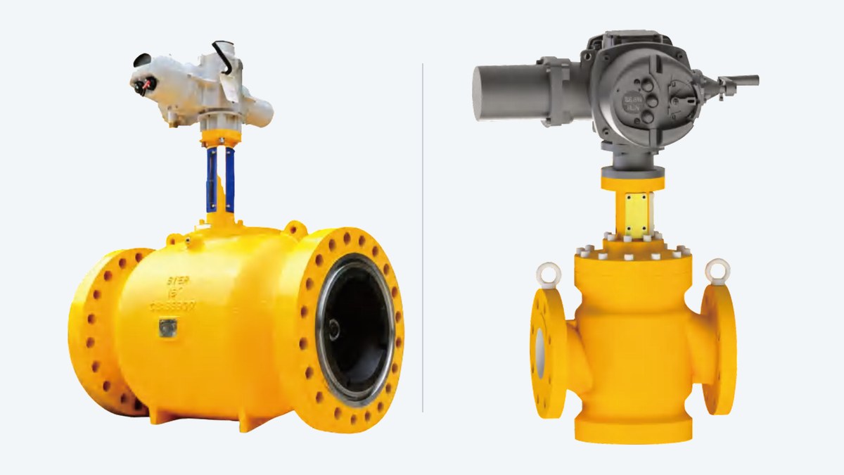 Flowbetter FCV-A800 axial flow control valve beside an FCV-S800 globe control valve, both with electric actuators
