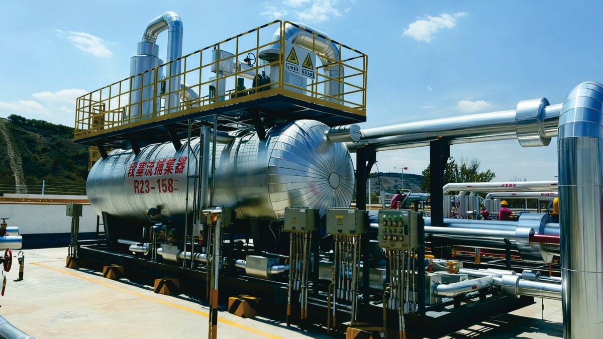 Horizontal vessel-type slug catcher on a skid with an operating platform and insulated piping at a gas station