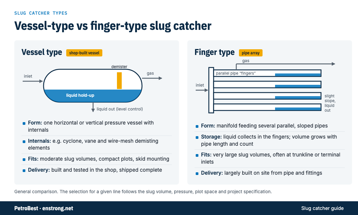 Side-by-side schematic of a vessel-type slug catcher with liquid hold-up and demister, and a finger-type slug catcher with a manifold feeding parallel sloped pipes