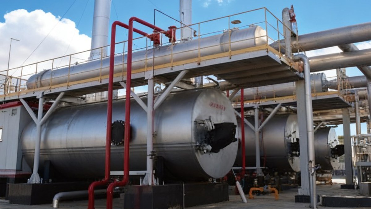 Indirect-fired water bath heaters with exhaust stacks and coil piping at an oil and gas station
